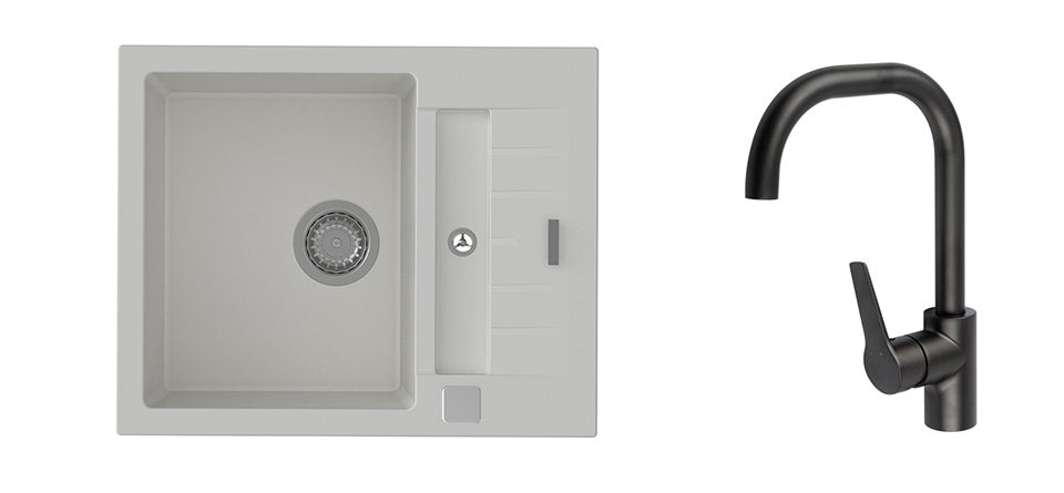 K-StrongSinks S3 Set dřez Vardar 615x500mm granit bílá + Baterie Garonne černá