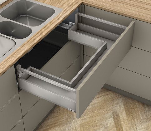 K-BLUM Merivobox, zásuvka E reling 600mm/40kg, světle šedá IG, Inserta, dřez
