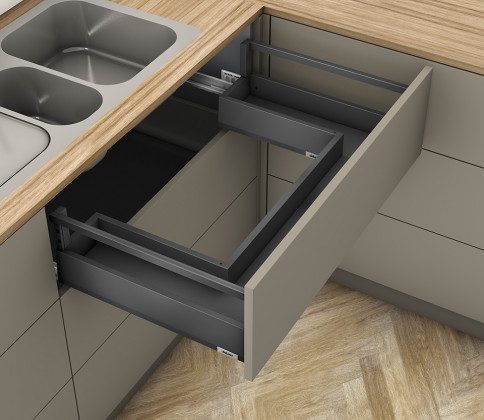 K-BLUM Merivobox, zásuvka E reling 500mm/40kg, tmavě šedá OG, vrut, dřez