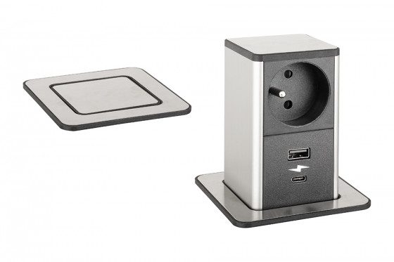 StrongPower PowerUp zásuvka, 1x230V, Francouzská, USB A+C, nerez