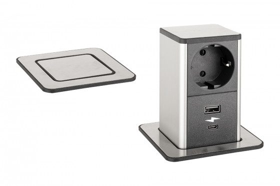 StrongPower PowerUp zásuvka, 1x230V, Schuko, USB A+C, nerez
