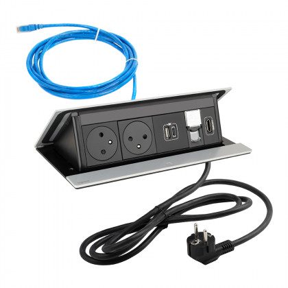 LEGRAND elektrická zásuvka PopUp, 2x 230V FR, USB A+C, RJ45, HDMI, elox hliník