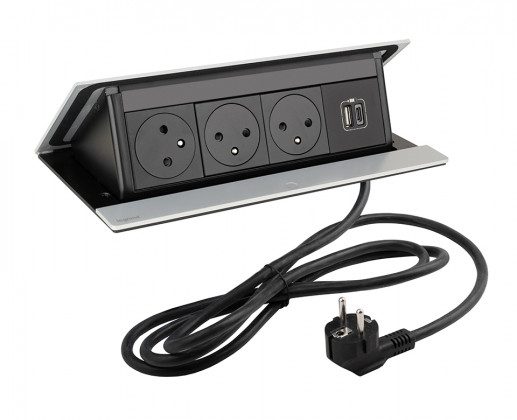 LEGRAND elektrická zásuvka PopUp, 3x 230V FR, 1x USB A+C, eloxovaný hliník