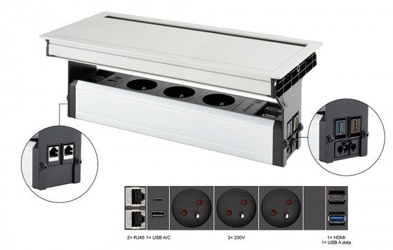 VersaFlap Mono 2.0 elektrická zásuvka 3x 230V FR RJ45 HDMI USB A/C + data hliník