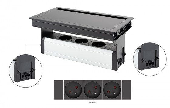 VersaFlap Mono 2.0 elektrická zásuvka 3x 230V, Francouzská, černá matná
