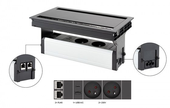 VersaFlap dual 2.0 elektrická zásuvka 2x 230V, FR, RJ45, USB A/C, černá