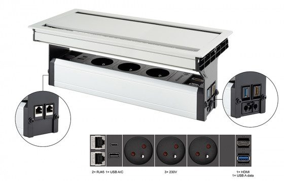 VersaFlap dual 2.0 elektrická zásuvka 3x 230V FR RJ45 HDMI USB A/C + data hliník