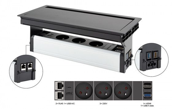 VersaFlap Mono 2.0 elektrická zásuvka 3x 230V, FR RJ45 HDMI USB A/C + data černá