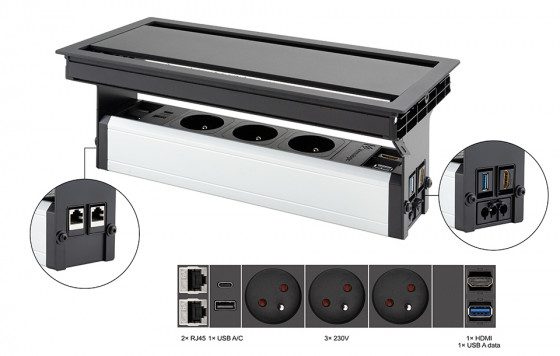 VersaFlap dual 2.0 elektrická zásuvka 3x 230V FR RJ45 HDMI USB A/C + data, černá