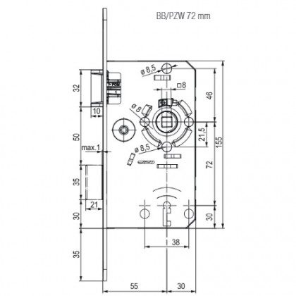 TWIN Zámek zadlabací levý kovová střelka závora BB/72mm