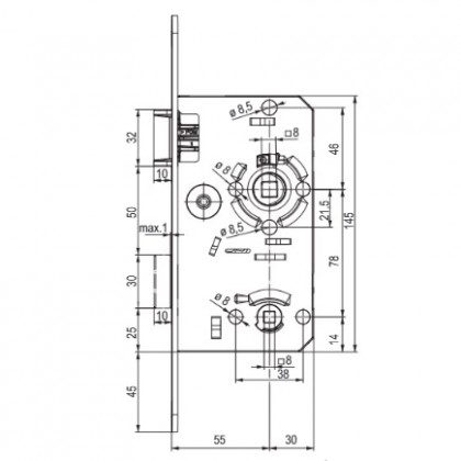 TWIN Zámek zadlabací levý kovová střelka závora WC/78mm