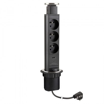 StrongPower Elektrická zásuvka vytahovací, 3x 230V Francouzská, USB A+C, černá