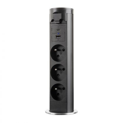 StrongPower elektricky výsuvná zásuvka 3x 230V Francouzská, USB A+C, černá
