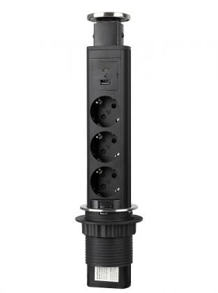 StrongPower Elektrická zásuvka vytahovací, 3x 230V Schuko, USB A+C, černá