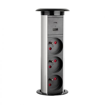 StrongPower elektricky výsuvná zásuvka 3x 230V FR USB A+C, bezdrát. nab stříbrná