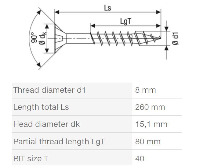 SPAX vrut 8x260/80mm zápustná hlava TXS,W,4C MH částečný závit