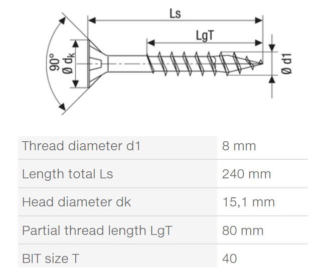 SPAX vrut 8x240/80mm zápustná hlava TXS,W,4C MH částečný závit