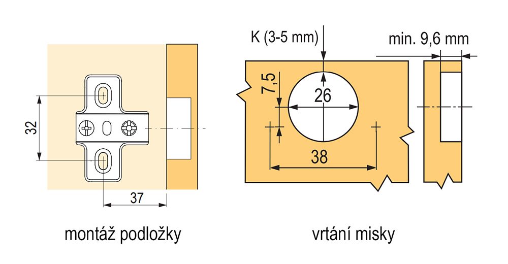 StrongHinges S3 minizávěs vložený, montážní podložka na vruty, slide-on