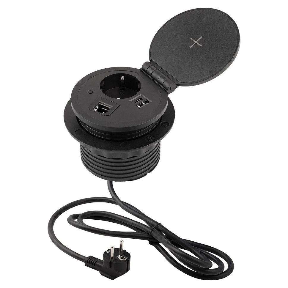 StrongPower El. zásuvka otevírací, 1x 230V, Schuko, 1x USB A+C, bezdr. nabíječka