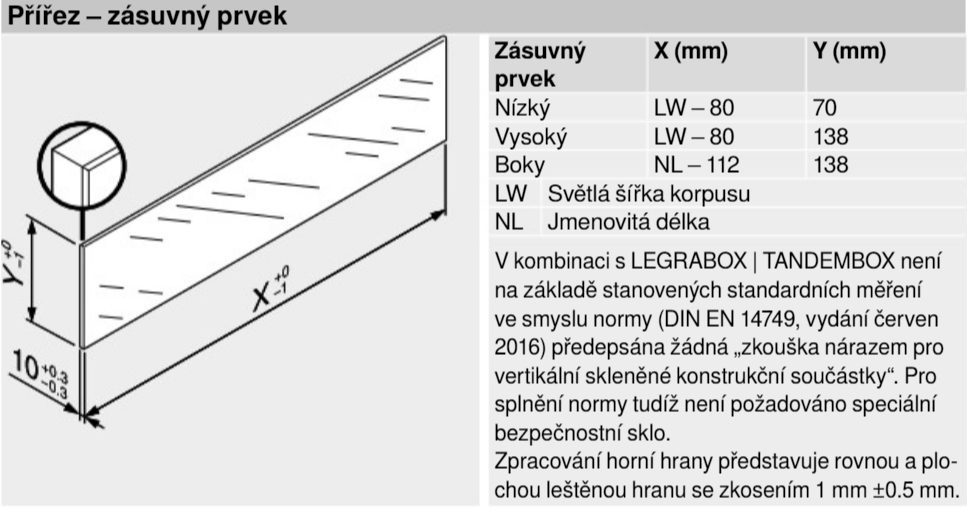 BLUM ZE7V1082G Legrabox, čelní sklo nízké 70/1200 mm