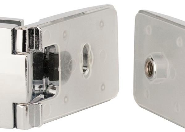 SISO závěs See-Me, 180°, dveře sklo, korpus sklo/DTDL, vrtání skla 10mm, chrom