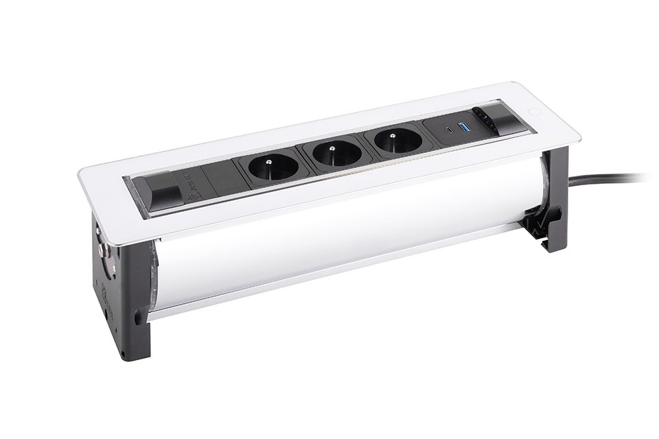 VersaTurn elektrická zásuvka 3x 230V Francouzská, USB A/C, bílé sklo