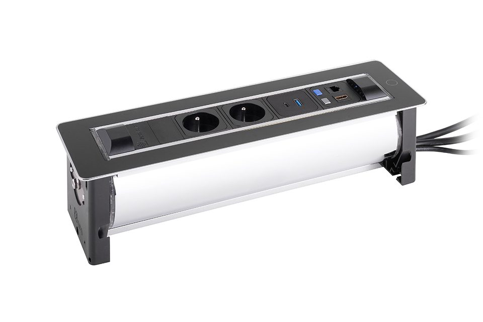 VersaTurn elektrická zásuvka 2x 230V FR, USB A/C, 1x RJ45, HDMI, černé sklo