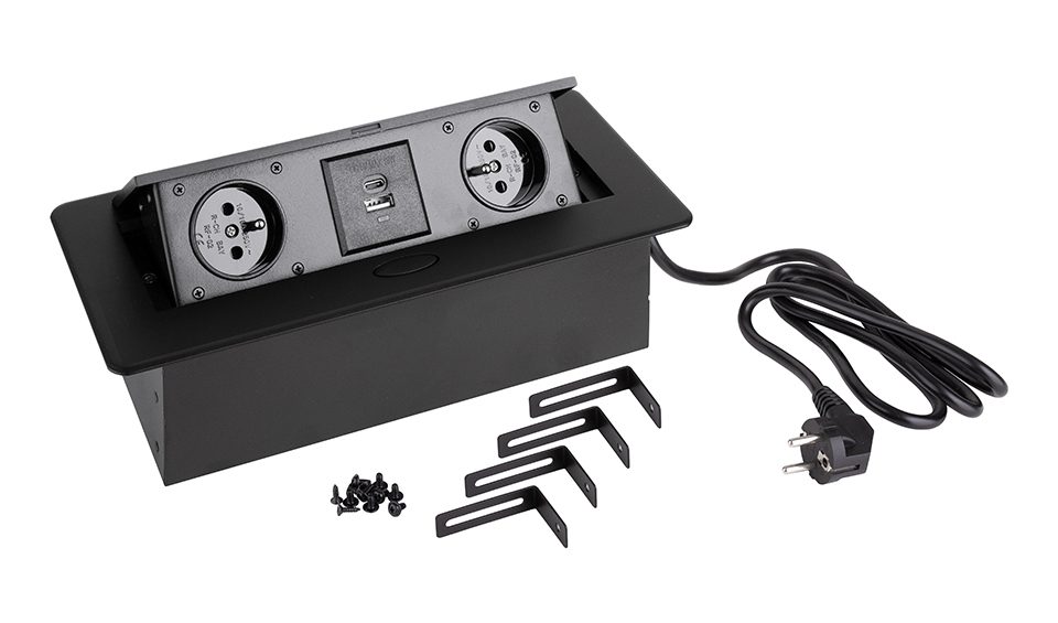 StrongPower Elektrická zásuvka 2x 230V, Francouzská, 2x USB A+C, černá