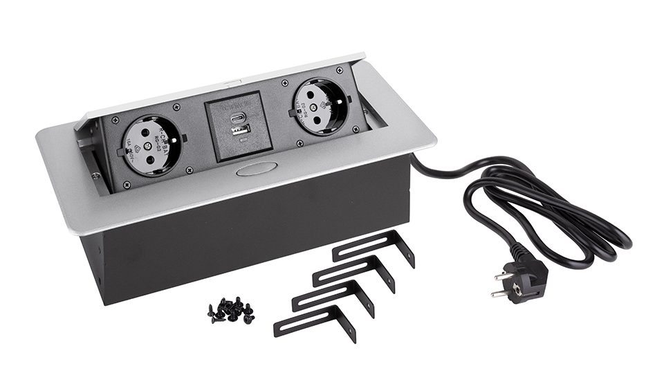 StrongPower Elektrická zásuvka 2x 230V, Schuko, 2x USB A+C, stříbrná