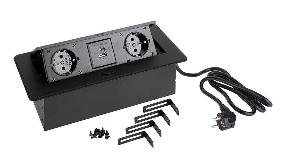 StrongPower Elektrická zásuvka 2x 230V, Schuko, 2x USB A+C, černá