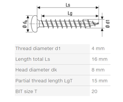 SPAX vrut 4x16mm půlkulatá hlava TXS W 4C