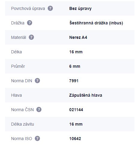 WC Šroub M6x16 pro přichycení do desky 18 mm nerez A4