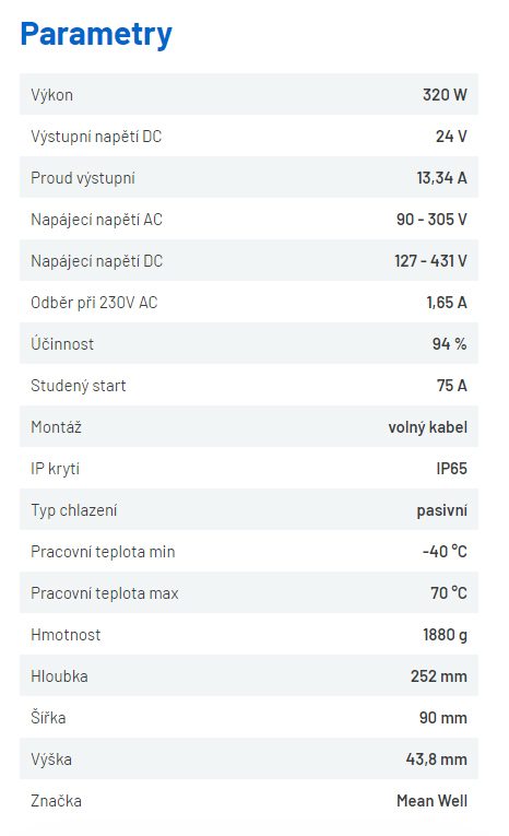 MEAN WELL napájecí zdroj HLG-320H-24-A, 24V, 320W, IP67