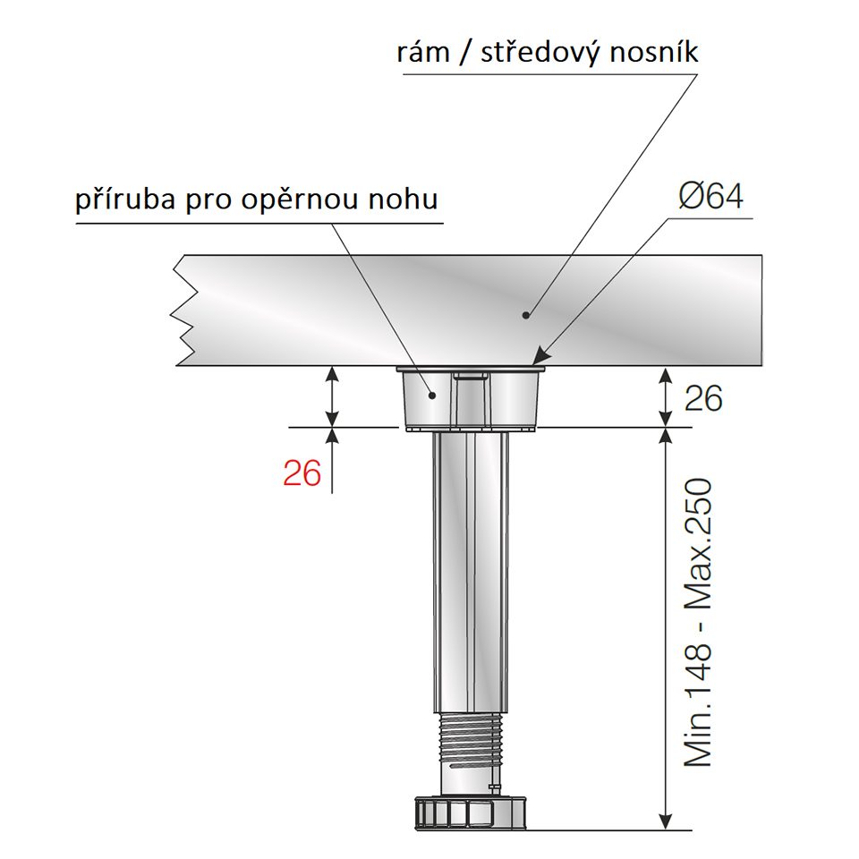 Opěrná rektifikační noha postelového středového nosníku 148-250mm