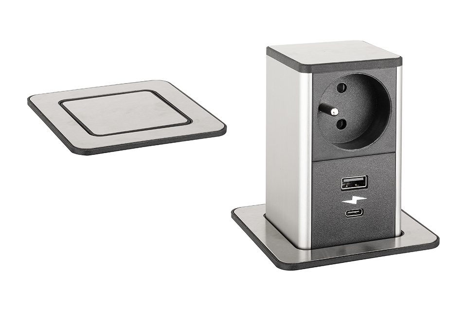 StrongPower PowerUp zásuvka, 1x230V, Francouzská, USB A+C, nerez