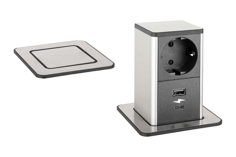 StrongPower PowerUp zásuvka, 1x230V, Schuko, USB A+C, nerez