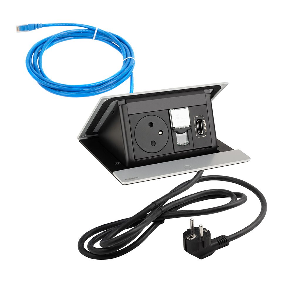 LEGRAND elektrická zásuvka PopUp, 1x 230V FR, 1x RJ45, 1x HDMI, eloxovaný hliník