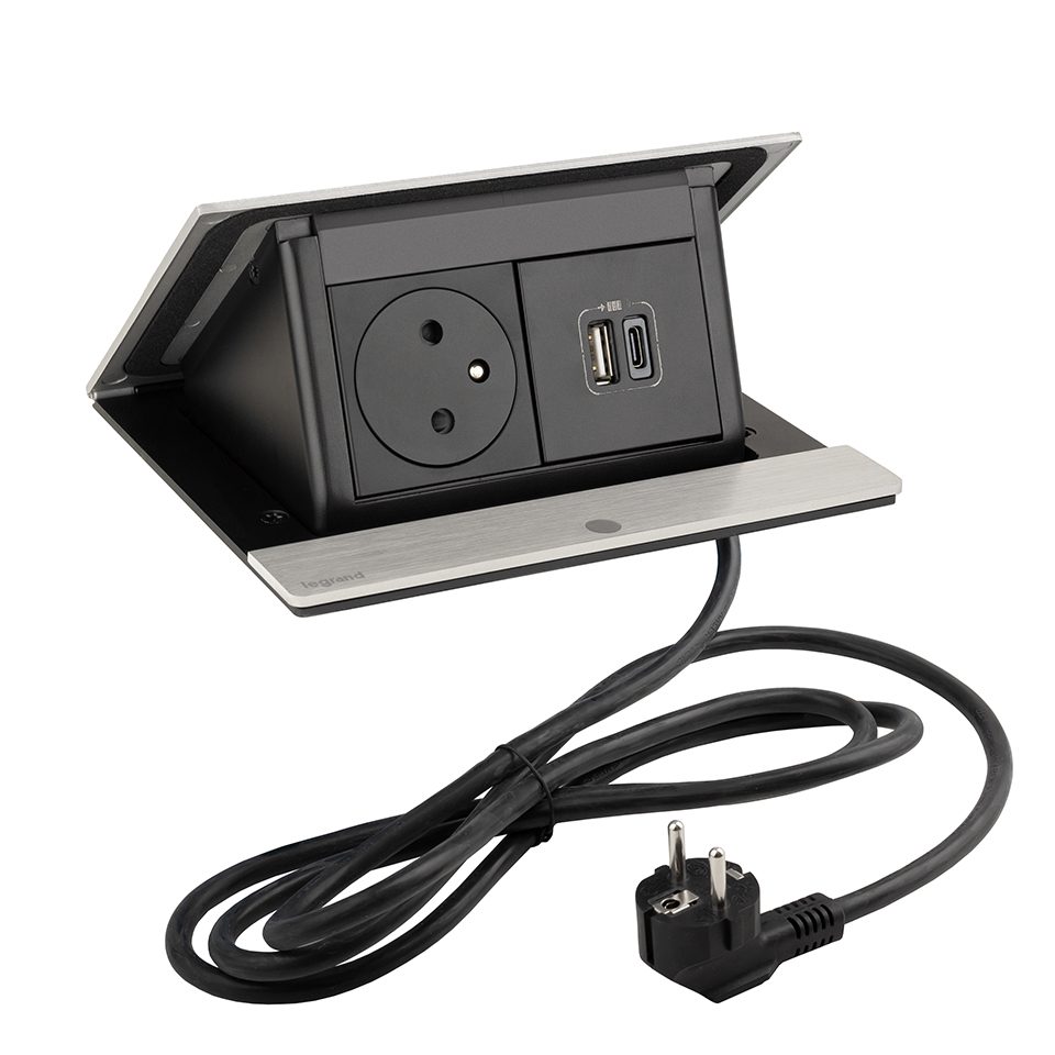 LEGRAND elektrická zásuvka PopUp, 1x 230V FR, 1x USB A+C, broušený hliník