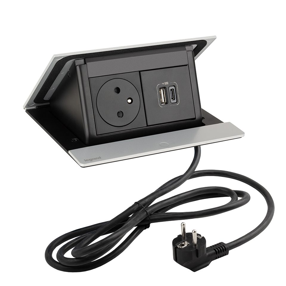 LEGRAND elektrická zásuvka PopUp, 1x 230V FR, 1x USB A+C, elox hliník