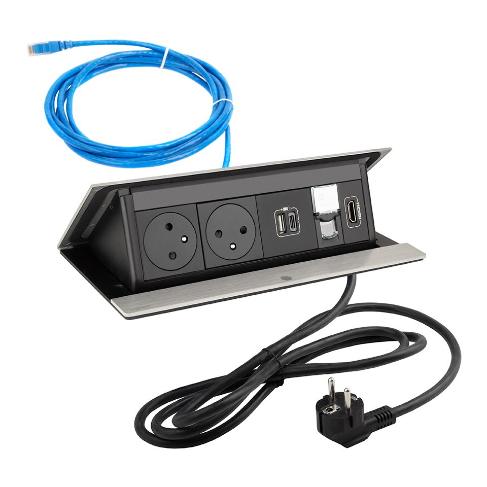LEGRAND elektrická zásuvka PopUp, 2x 230V FR, USB A+C, RJ45 HDMI broušený hliník