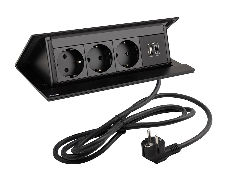 LEGRAND elektrická zásuvka PopUp, 3x 230V, Schuko, 1x USB A+C, černá matná