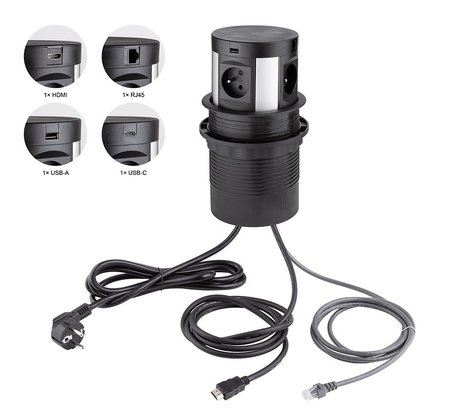 StrongPower El. zásuvka vysouvací,4x230V,FR, RJ45, USB A+C, HDMI, bezdr nab