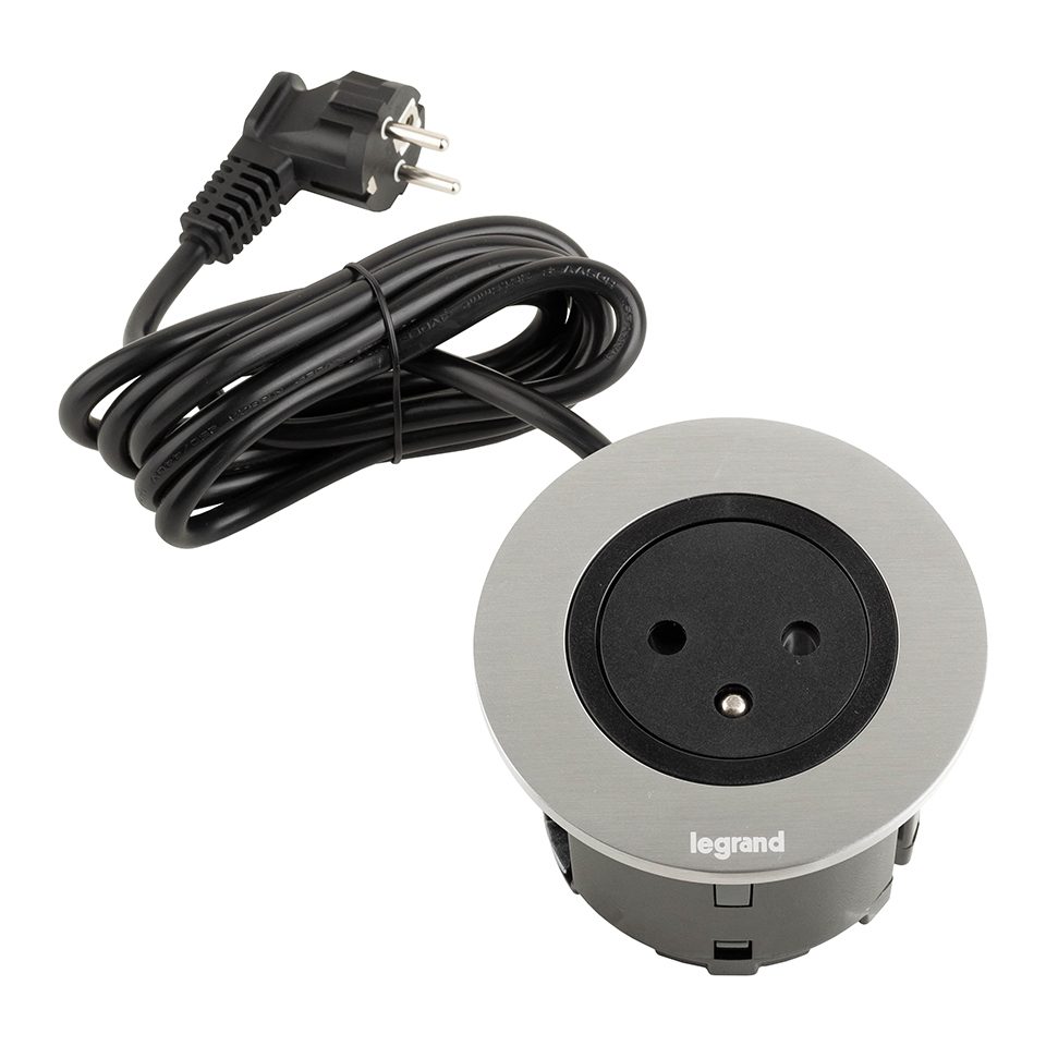 LEGRAND Disq60 elektrická zásuvka zapuštěná 1x230V FR + 2m kabel, černá/kov