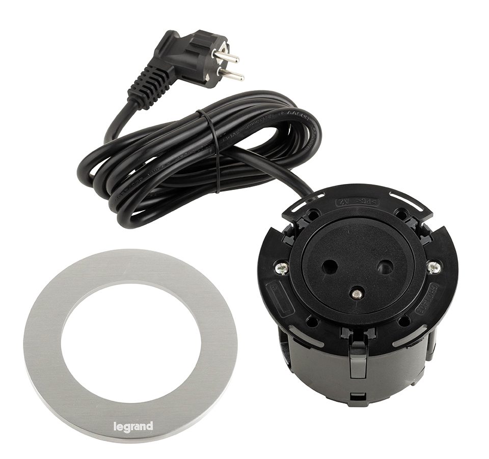 LEGRAND Disq60 elektrická zásuvka zapuštěná 1x230V FR + 2m kabel, černá/kov