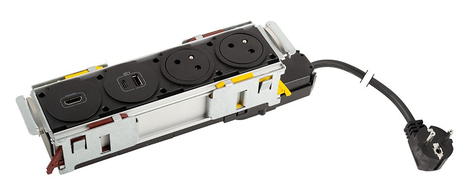 K- LEGRAND elektrická zásuvka Disq´In 2x 230V FR + 1x USB A+C, HDMI, černá/nerez