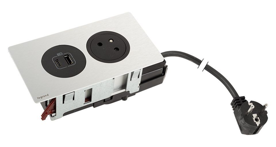K- LEGRAND elektrická zásuvka Disq´In 1x 230V FR + 1x USB A+C, černá/nerez