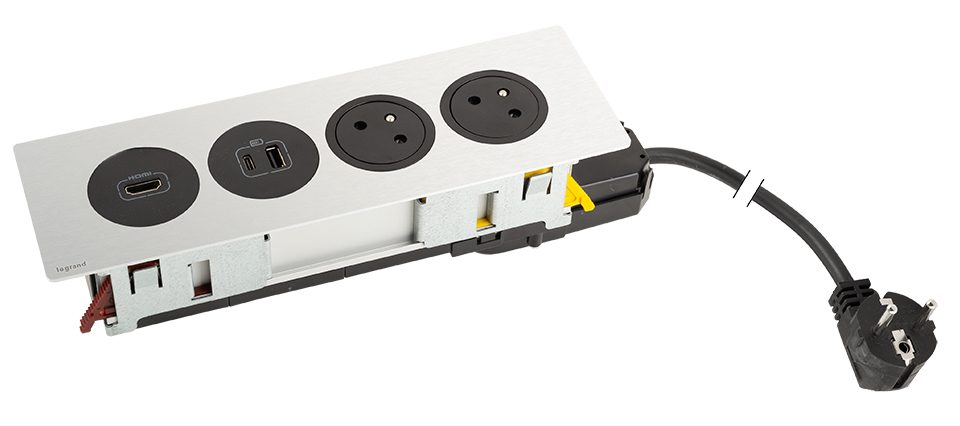 K- LEGRAND elektrická zásuvka Disq´In 2x 230V FR + 1x USB A+C, HDMI, černá/nerez