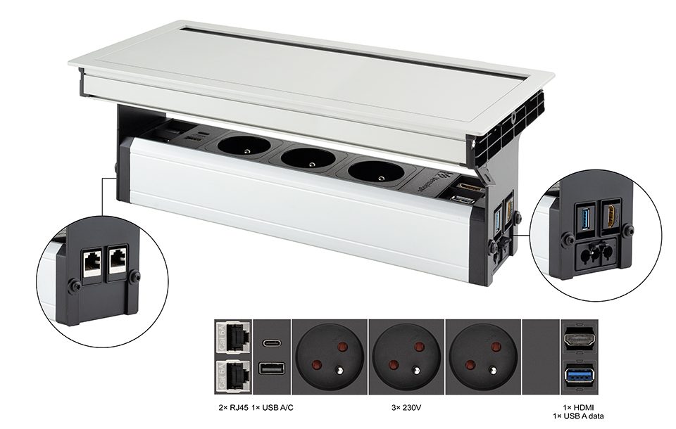 VersaFlap Mono 2.0 elektrická zásuvka 3x 230V FR RJ45 HDMI USB A/C + data hliník