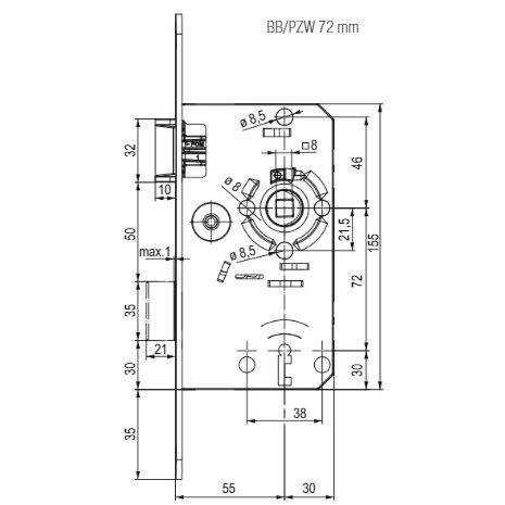 TWIN Zámek zadlabací pravý kovová střelka závora BB/72mm