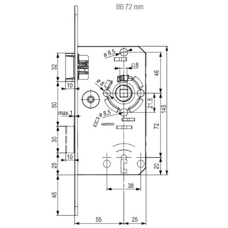 TWIN Zámek zadlabací levý plastová střelka závora BB/72mm